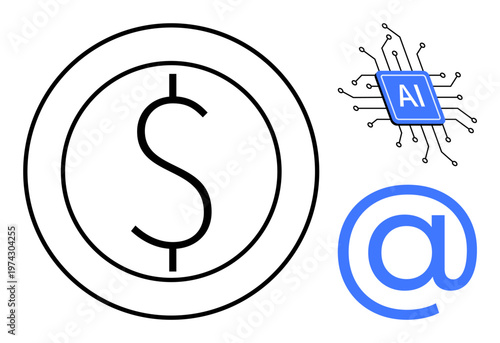Fintech, artificial intelligence, digital currency, communication, technology, innovation. Dollar sign in a circle, AI microchip and email at symbol. Fintech and artificial intelligence concept