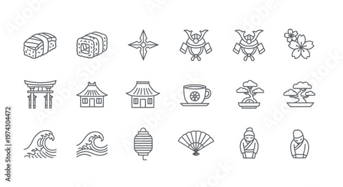 Comprehensive Set of Eighteen Minimalist Line Icons Representing Traditional Japanese Culture, Landmarks, Food, and Symbols on White Background
