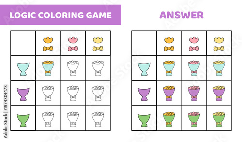 Logic coloring game with bouquets of flowers. Color the bouquet in correct color. Activity for kids in kindergarten and preschool. Isolated vector illustration eps 10