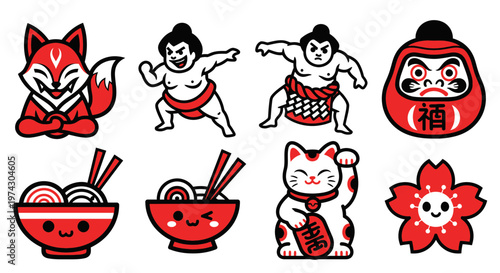 Japanese Culture Vector Icon Set Featuring Sumo Wrestlers Kitsune Fox Maneki-neko Ramen and Daruma Doll Illustrations