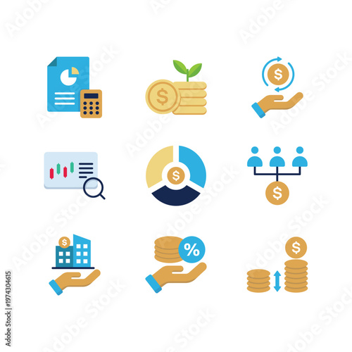 Investment strategy and financial analytics flat color icon set
