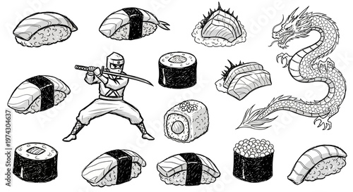Hand Drawn Japanese Sushi Collection with Ninja Warrior and Mythical Dragon Sketch Illustration on White Background