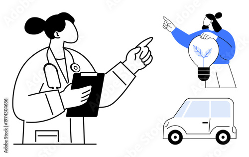 Healthcare, innovation, transportation, ideas, diagnosis, future solutions. Doctor pointing forward, person holding a lightbulb and a small car illustration. Healthcare and innovation concept