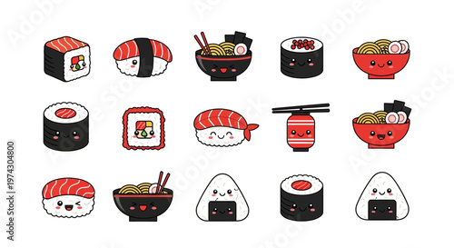 Set of Japanese cuisine illustrations with cute smiling faces featuring sushi, ramen, and onigiri characters in kawaii style.