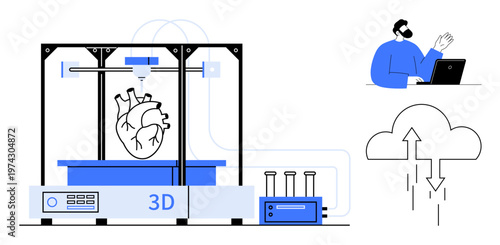 3D printing technology. Concept of 3D printing producing a human heart model. 3D printing innovation connects with remote monitoring and cloud data storage. For healthcare, biotechnology, medical