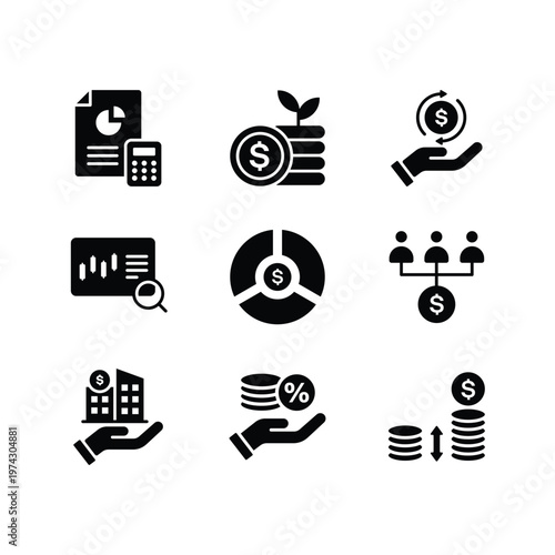 Investment strategy and financial analytics solid black icon set