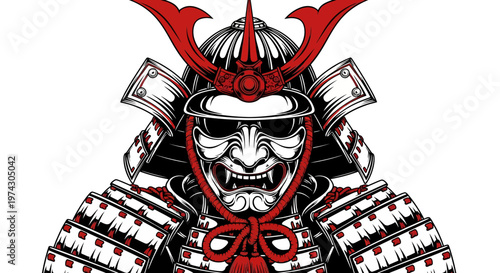 Detailed illustration of a fierce Japanese samurai warrior wearing traditional red and white kabuto helmet and demonic mempo mask