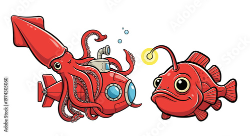 Cartoon Illustration of a Giant Red Squid Operating a Submarine and Meeting a Bioluminescent Anglerfish