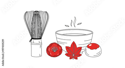 Traditional Japanese Matcha Tea Ceremony Illustration Featuring Bamboo Whisk Steaming Bowl Red Maple Leaf and Wagashi Sweet