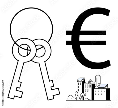 Real estate, financial investments, European currency, urban living, property ownership, economic concepts. Two keys, Euro sign city buildings. Real estate and financial investments concept