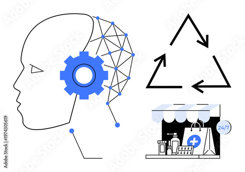 Artificial intelligence, sustainability, technology integration, e-commerce, healthcare, automation. Human head with gear symbol, recycling triangle online pharmacy storefront. AI and sustainability