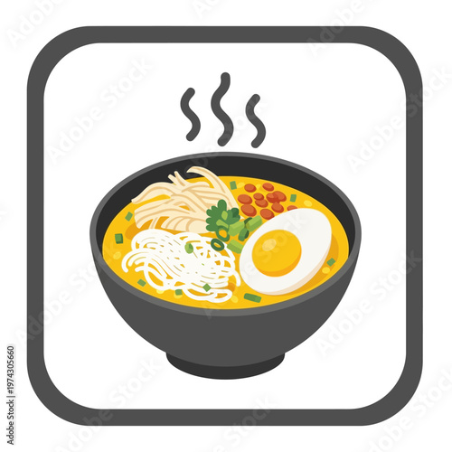 Steaming Bowl of Delicious Ramen Noodles with Egg and Toppings - Asian Cuisine Icon