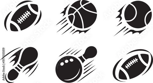 Sports Ball Action Silhouette Set with Flying Football Basketball and Bowling Ball Symbols