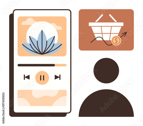 Digital marketing, e-commerce, audio streaming, user interfaces, app design, online shopping. Graphic showing a media player, shopping basket with coin and a user silhouette. E-commerce and audio