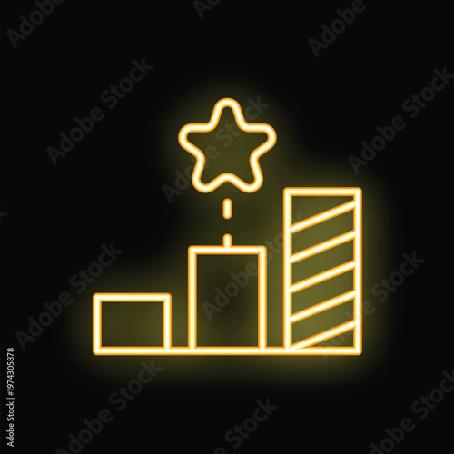 Glowing neon yellow bar chart representing growing performance with a star on the highest bar on a black background