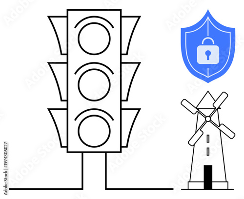 Transportation, cybersecurity, renewable energy, technology integration, safety guidelines, and urban planning. A traffic light, security shield and windmill . Cybersecurity and transportation