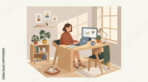 Cozy Work From Home Concept, Woman Analyzing Business Data in Modern Hygge Workspace Vector Illustration
