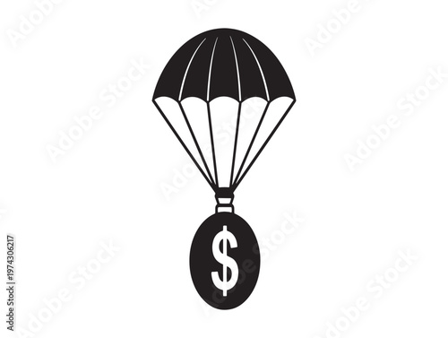 A black and white illustration of a parachute carrying a dollar sign payload