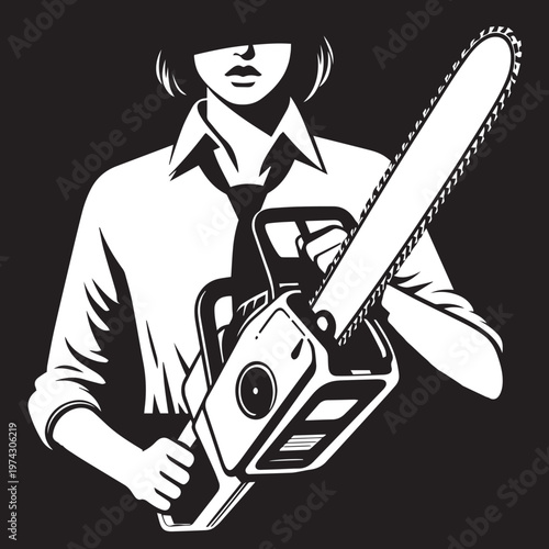 Beautiful woman in shirt and tie holding a chainsaw, corporate lumberjack concept, graphic illustration. Attractive and glamorous business woman worker with power chainsaw, monochrome art
