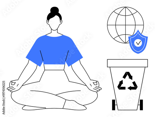 Sustainability, mindfulness, recycling, environmental protection, wellness, digital security. Woman meditating near a recycling bin and shielded globe. Mindfulness and sustainability concepts