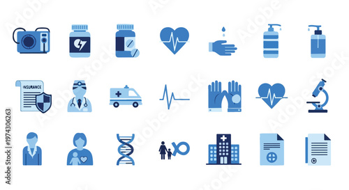 A comprehensive collection of twenty-one healthcare and medical icons, including doctors, medicine, and equipment, in shades of blue.