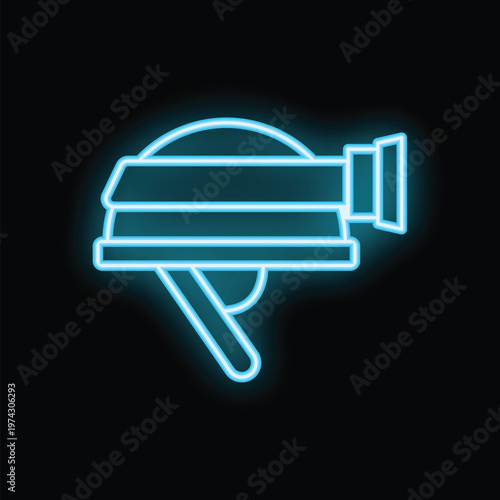 Blue neon icon of a helmet with camera mounted on top, glowing against a dark background