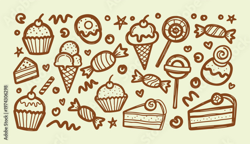 Cute hand drawn doodle set of sweet treats including cupcakes ice cream candy and cake slices in minimalist line art style