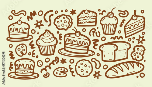 Hand drawn bakery doodle set with delicious cakes bread loaves cookies and muffins in a clean minimalist vector line art style