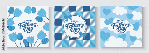 Set of Father's Day greeting cards with Light blue Argyle pattern. Father's Day poster in modern style With blue ribbons, flowers, Tulips and heart. 