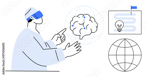 Virtual reality concept. Virtual reality technology through AI brain, global symbols, and innovation. Virtual reality highlights immersive innovation and global development for future tech, research
