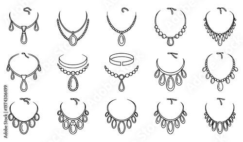 Outline jewelry and necklace icon vector set – fashion and accessories illustration