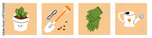 Vector gardening, farm and agriculture clipart with cute smiling potted seedling, shovel with seeds, green glove pair, watering can with heart. Spring posters for kid project and eco lifestyle design.