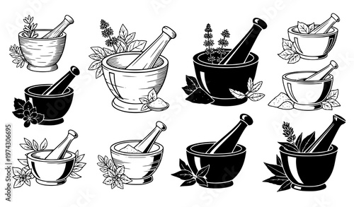 Mortar and pestle vector set – herbal medicine and culinary illustration bundle