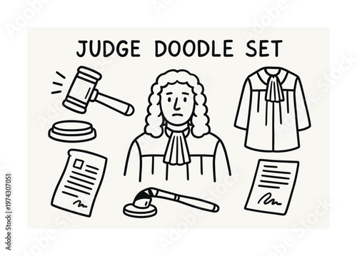 Judge doodle set with gavel, documents, and robes