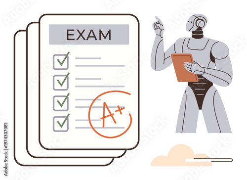 Artificial intelligence, education tools, online learning, digital grading, smart robots, futuristic teaching. Robot holding clipboard pointing at exam paper with A. Education tools and AI in