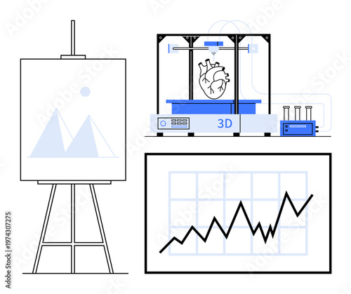 3D printing, modern technology, medical innovation, data analysis, research trends, healthcare tech. A 3D printer creates a heart, paired with charts and data visuals. 3D printing and medical