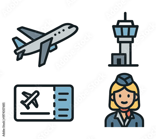 Aviation icons: airplane, control tower, ticket, female flight attendant
