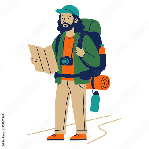 Man in outdoor gear examines map while standing on trail