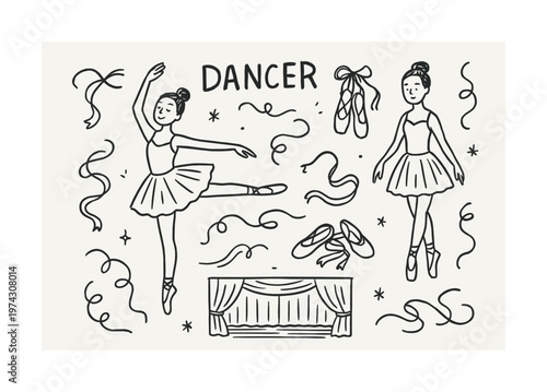 Young caucasian female ballet dancer illustration with ribbons and pointe shoes