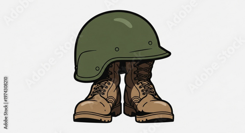 A cartoon illustration of a green military helmet sitting on top of a pair of brown combat boots with laces