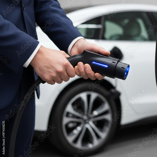 Hands Holding Electric Car Charging Cable, EV Technology and Sustainable Energy Concept
