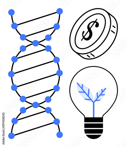Biotechnology, sustainable energy, economic growth, innovation, scientific research, green ideas. DNA double helix, dollar symbol coin and lightbulb with a leaf. Biotechnology and sustainable energy