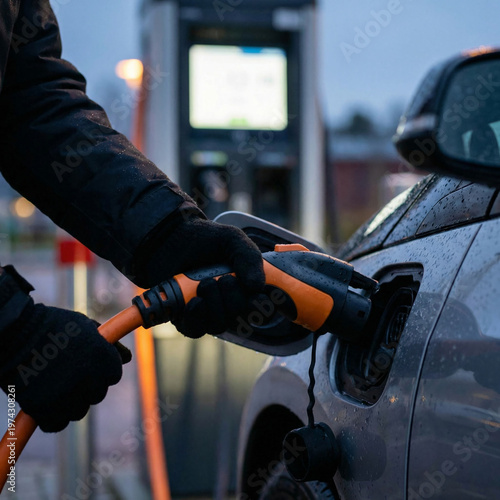 Hands Holding Electric Car Charging Cable, EV Technology and Sustainable Energy Concept