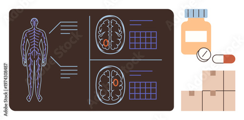 Neuroscience, healthcare, diagnostics, pharmaceuticals, medical research, treatment solutions. Human figure with a nervous system, brain scans pills and boxes. Neuroscience and healthcare concept