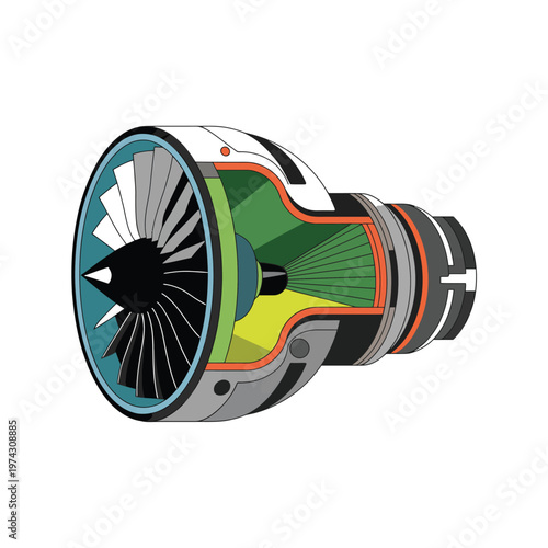 A colorful illustration of a jet engine's internal components
