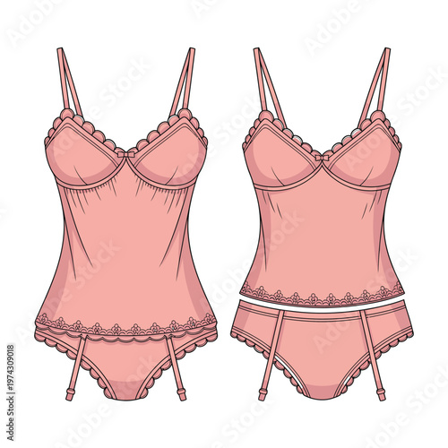 A pink lingerie set with a corset and panties displayed