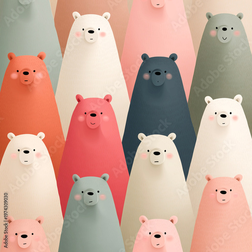 3D illustration of a group of polar bears in pastel colors