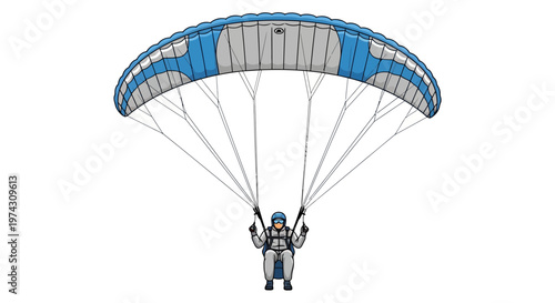 A Blue And White Parachute With A Person Suspended Below