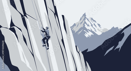 A Climber Ascends A Craggy Mountain Peak Against A Distant Summit Landscape