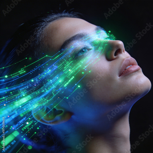 Illustration of Human Head with Data Streams Flowing Out, Digital Information and Technology Concept